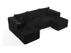 Sofá|DripeX Sofá de canto modular veludo canelado, 2 pufes, porta-copos e almofadas, , 230x138x75cm Preto