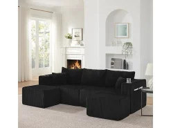 Sofá|DripeX Sofá de canto modular veludo canelado, 2 pufes, porta-copos e almofadas, , 230x138x75cm Preto