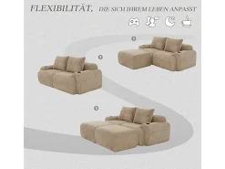 New DripeX Sofá de canto modular veludo canelado, porta-copos, 2 pufes e 2 almofadas, 200x174x80cm, Cáqui Caqui