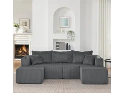 Sofá*DripeX Sofá de canto modular veludo canelado, 2 pufes, porta-copos e almofadas, , 230x138x75cm Cinzento