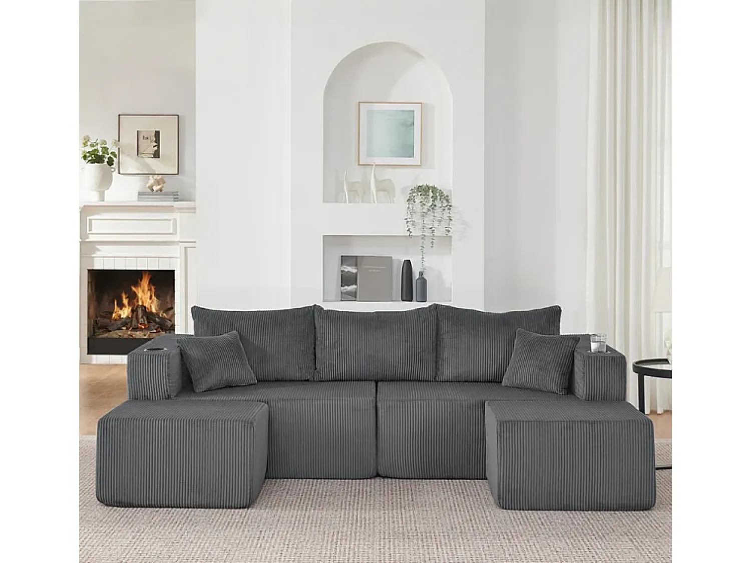 Sofá*DripeX Sofá de canto modular veludo canelado, 2 pufes, porta-copos e almofadas, , 230x138x75cm Cinzento