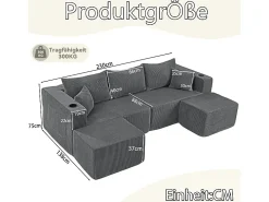 Sofá*DripeX Sofá de canto modular veludo canelado, 2 pufes, porta-copos e almofadas, , 230x138x75cm Cinzento
