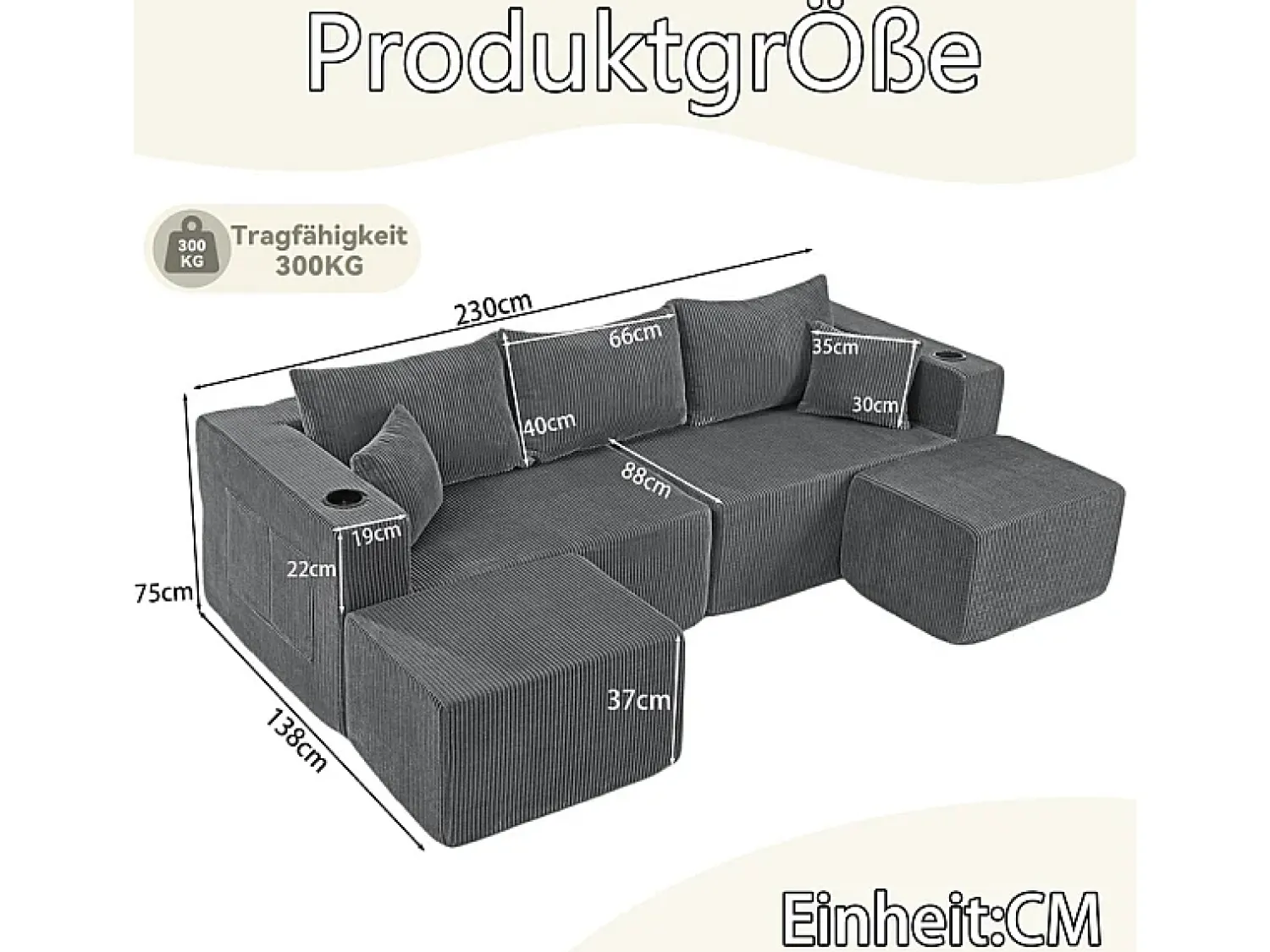 Sofá*DripeX Sofá de canto modular veludo canelado, 2 pufes, porta-copos e almofadas, , 230x138x75cm Cinzento