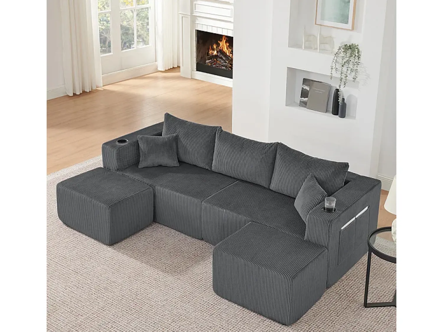 Sofá*DripeX Sofá de canto modular veludo canelado, 2 pufes, porta-copos e almofadas, , 230x138x75cm Cinzento
