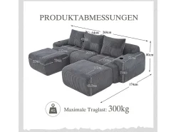 Sofá*DripeX Sofá de canto modular veludo canelado, porta-copos, 2 pufes e 3 almofadas, 268x174x80cm, Cinzento antracite Cinza antracite