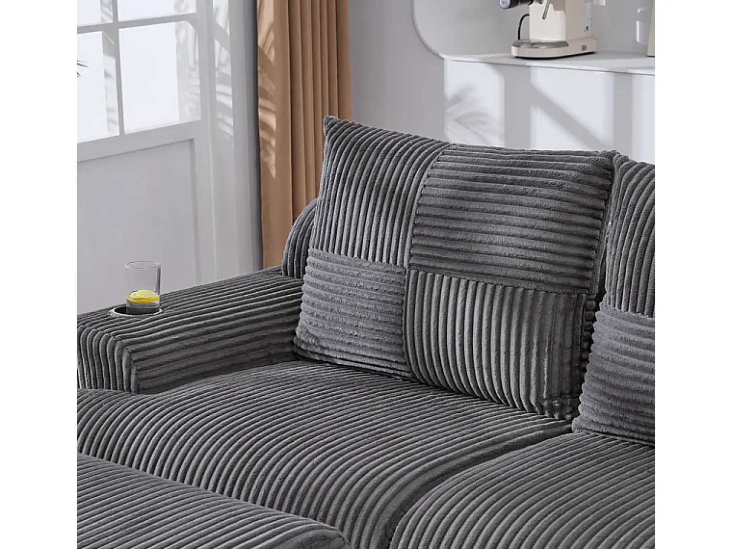Sofá*DripeX Sofá de canto modular veludo canelado, porta-copos, 2 pufes e 3 almofadas, 268x174x80cm, Cinzento antracite Cinza antracite