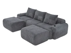 Sofá*DripeX Sofá de canto modular veludo canelado, porta-copos, 2 pufes e 3 almofadas, 268x174x80cm, Cinzento antracite Cinza antracite