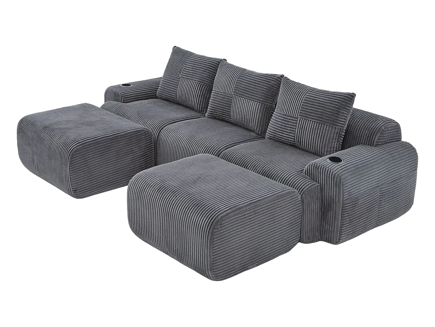 Sofá*DripeX Sofá de canto modular veludo canelado, porta-copos, 2 pufes e 3 almofadas, 268x174x80cm, Cinzento antracite Cinza antracite