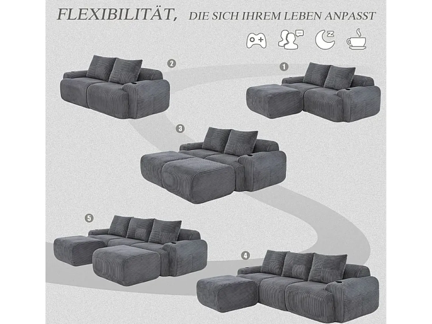 Sofá*DripeX Sofá de canto modular veludo canelado, porta-copos, 2 pufes e 3 almofadas, 268x174x80cm, Cinzento antracite Cinza antracite