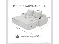 Sofá|DripeX Sofá de canto modular veludo canelado, porta-copos, 2 pufes e 2 almofadas, 200x174x80cm, Bege