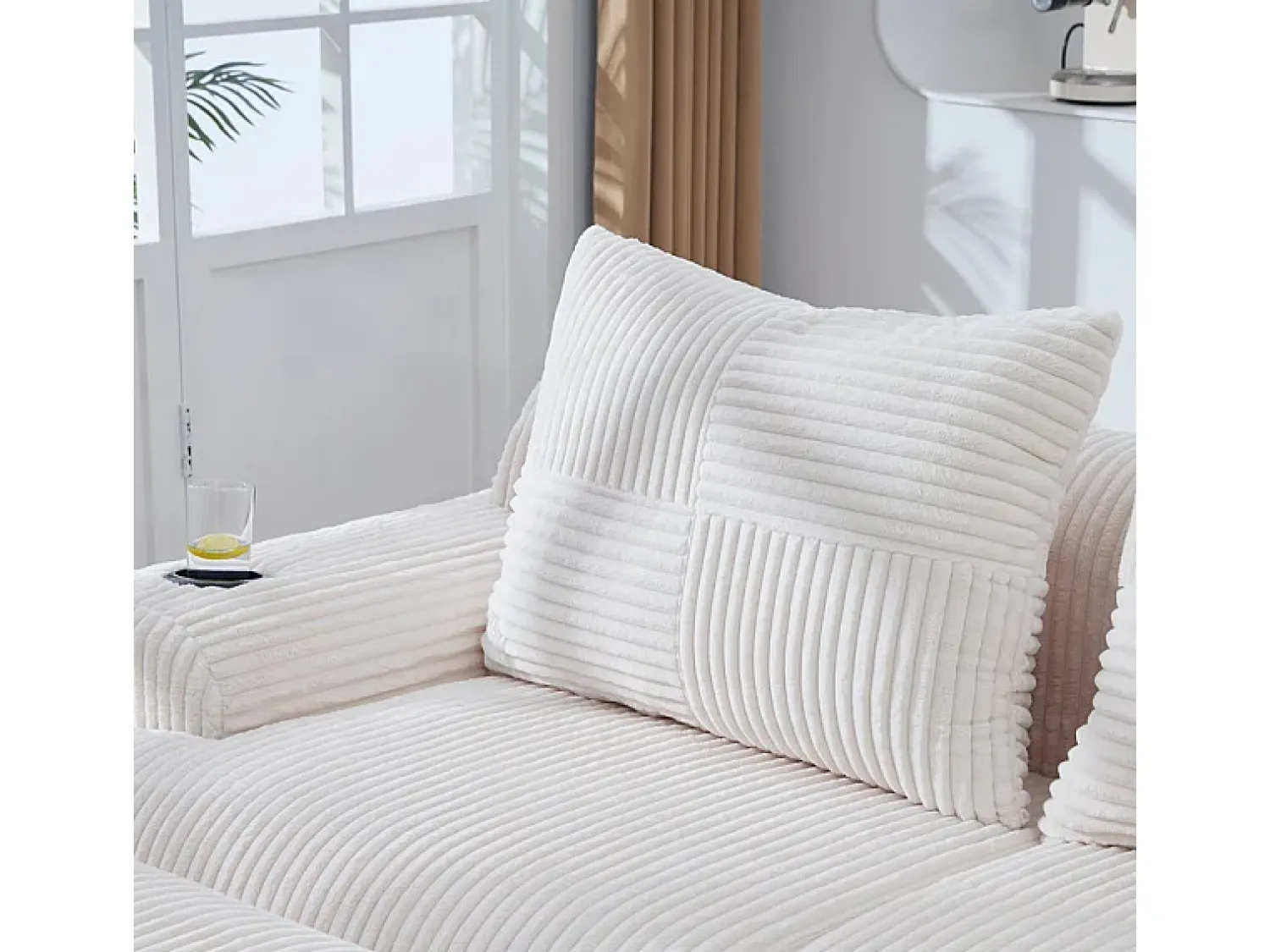 Sofá|DripeX Sofá de canto modular veludo canelado, porta-copos, 2 pufes e 2 almofadas, 200x174x80cm, Bege