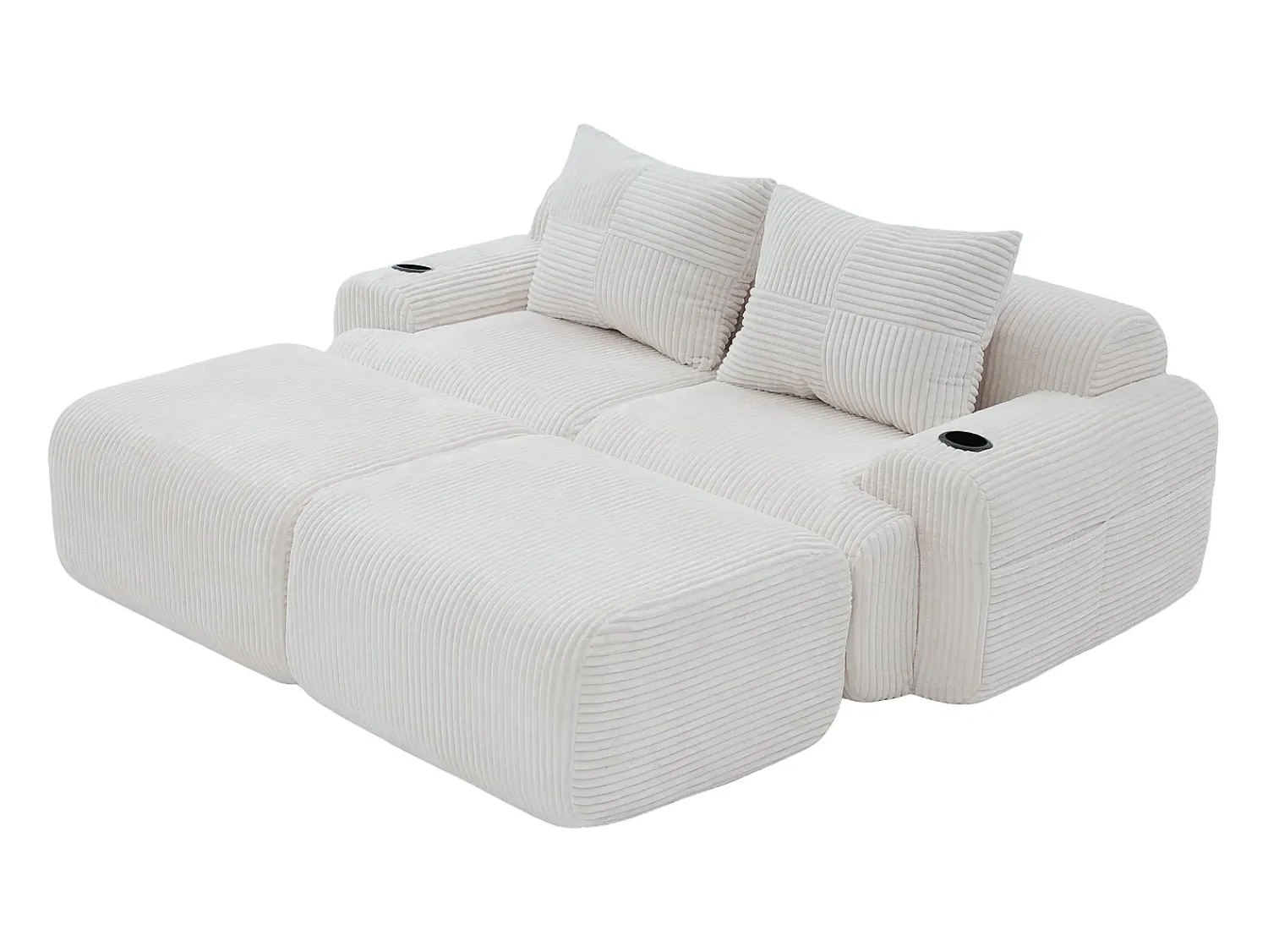 Sofá|DripeX Sofá de canto modular veludo canelado, porta-copos, 2 pufes e 2 almofadas, 200x174x80cm, Bege