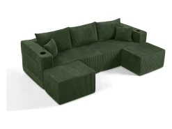 Clearance DripeX Sofá de canto modular veludo canelado, 2 pufes, porta-copos e almofadas, , 230x138x75cm Verde