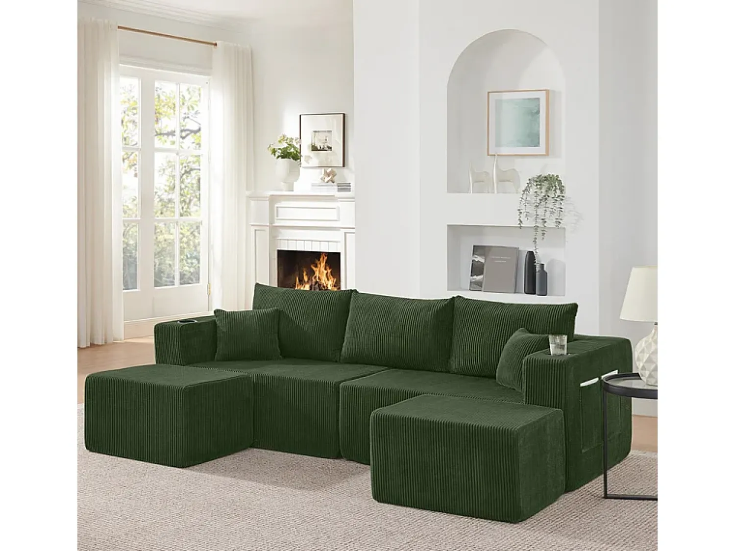 Clearance DripeX Sofá de canto modular veludo canelado, 2 pufes, porta-copos e almofadas, , 230x138x75cm Verde