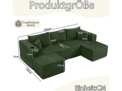 Clearance DripeX Sofá de canto modular veludo canelado, 2 pufes, porta-copos e almofadas, , 230x138x75cm Verde