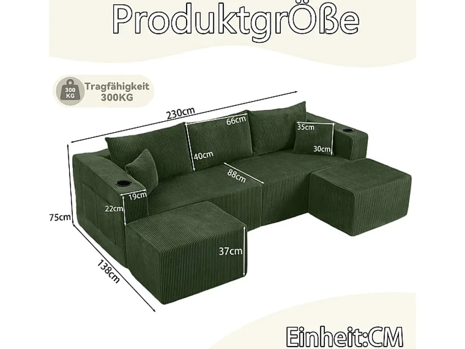 Clearance DripeX Sofá de canto modular veludo canelado, 2 pufes, porta-copos e almofadas, , 230x138x75cm Verde