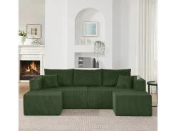Clearance DripeX Sofá de canto modular veludo canelado, 2 pufes, porta-copos e almofadas, , 230x138x75cm Verde