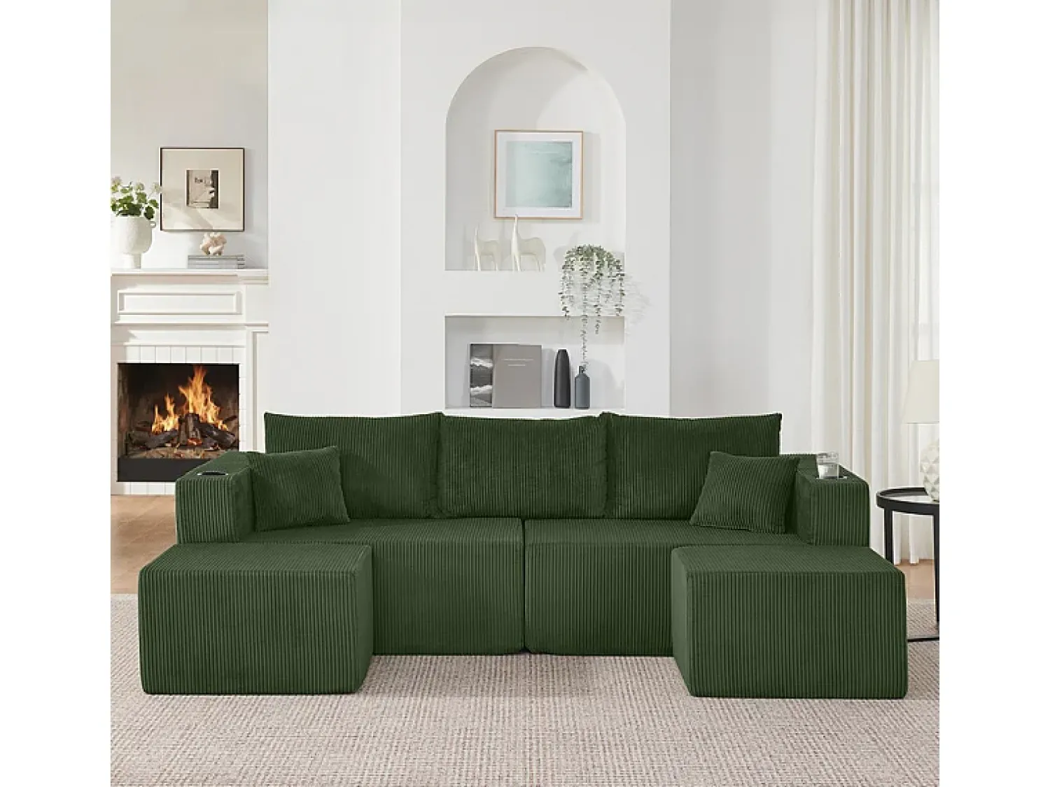 Clearance DripeX Sofá de canto modular veludo canelado, 2 pufes, porta-copos e almofadas, , 230x138x75cm Verde