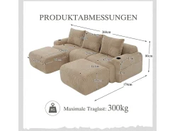 Hot DripeX Sofá de canto modular veludo canelado, porta-copos, 2 pufes e 3 almofadas, 268x174x80cm, Cáqui Caqui