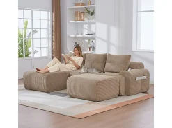 Hot DripeX Sofá de canto modular veludo canelado, porta-copos, 2 pufes e 3 almofadas, 268x174x80cm, Cáqui Caqui
