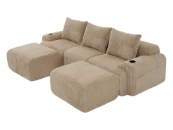 Hot DripeX Sofá de canto modular veludo canelado, porta-copos, 2 pufes e 3 almofadas, 268x174x80cm, Cáqui Caqui