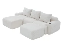 Clearance DripeX Sofá de canto modular veludo canelado, porta-copos, 2 pufes e 3 almofadas, 268x174x80cm, Bege