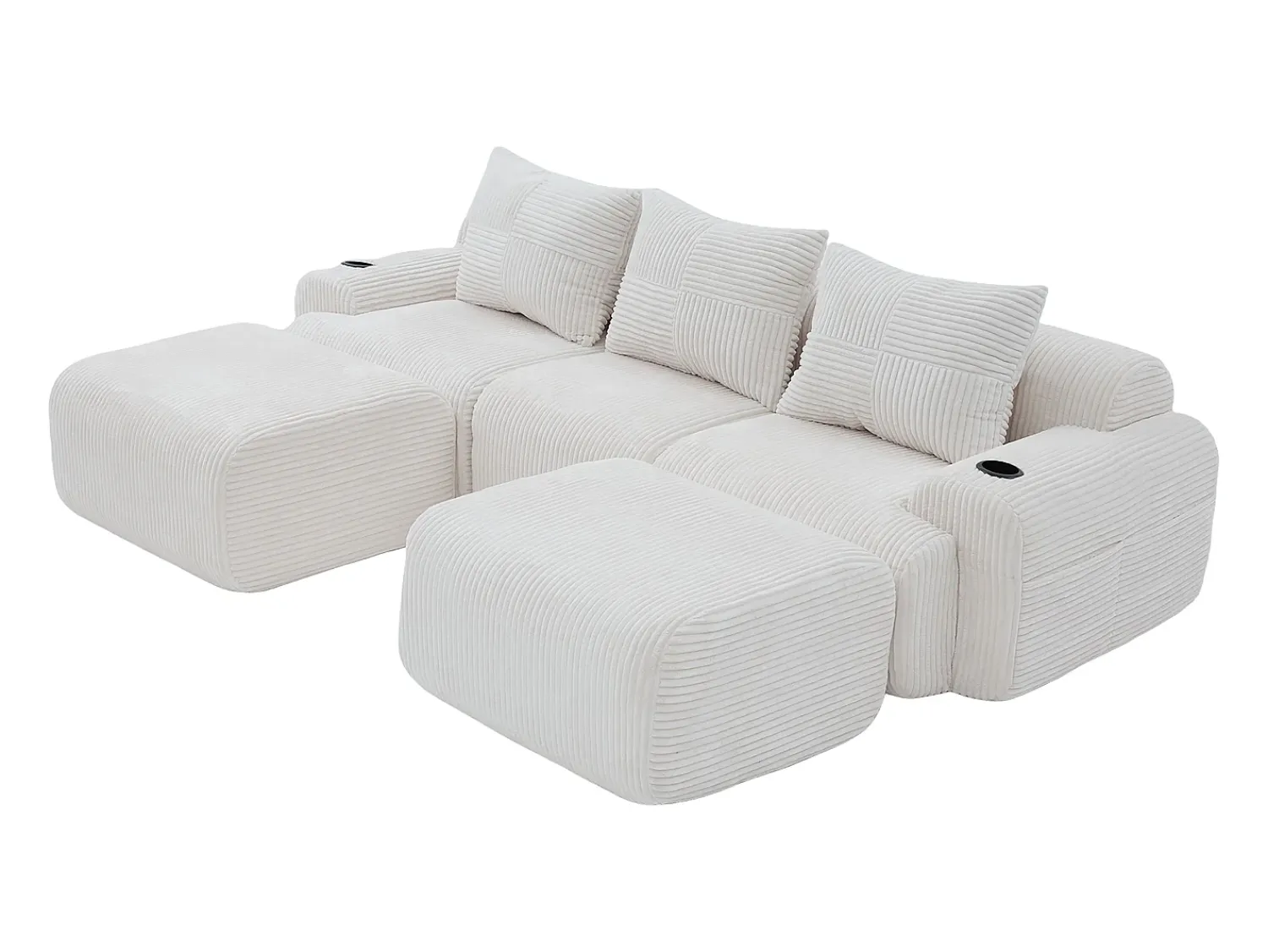 Clearance DripeX Sofá de canto modular veludo canelado, porta-copos, 2 pufes e 3 almofadas, 268x174x80cm, Bege