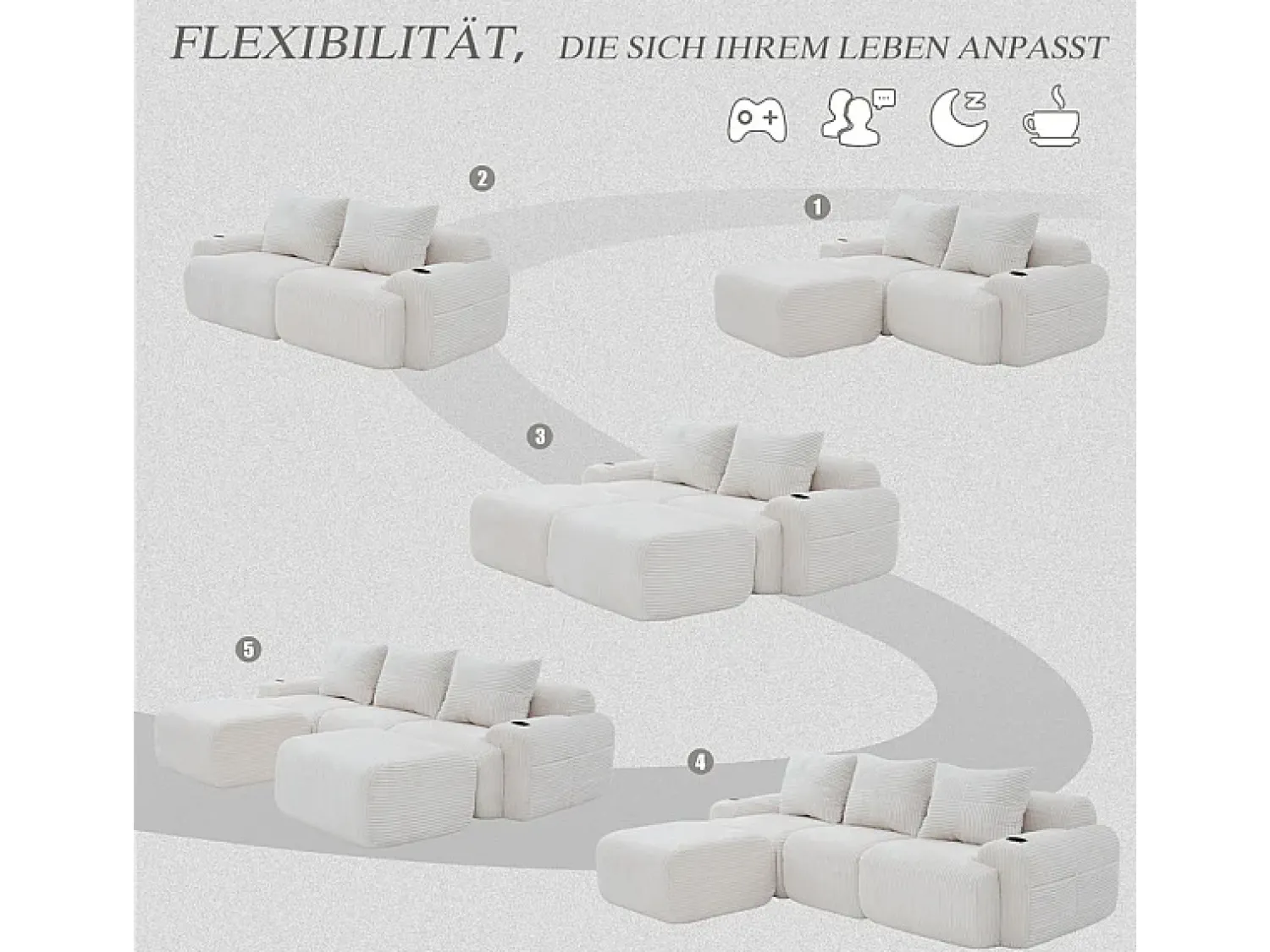 Clearance DripeX Sofá de canto modular veludo canelado, porta-copos, 2 pufes e 3 almofadas, 268x174x80cm, Bege