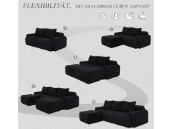 Sofá*DripeX Sofá de canto modular veludo canelado, porta-copos, 2 pufes e 3 almofadas, 268x174x80cm, Preto