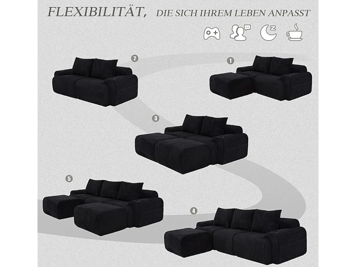 Sofá*DripeX Sofá de canto modular veludo canelado, porta-copos, 2 pufes e 3 almofadas, 268x174x80cm, Preto