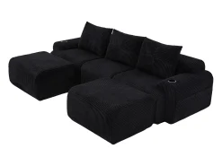 Sofá*DripeX Sofá de canto modular veludo canelado, porta-copos, 2 pufes e 3 almofadas, 268x174x80cm, Preto