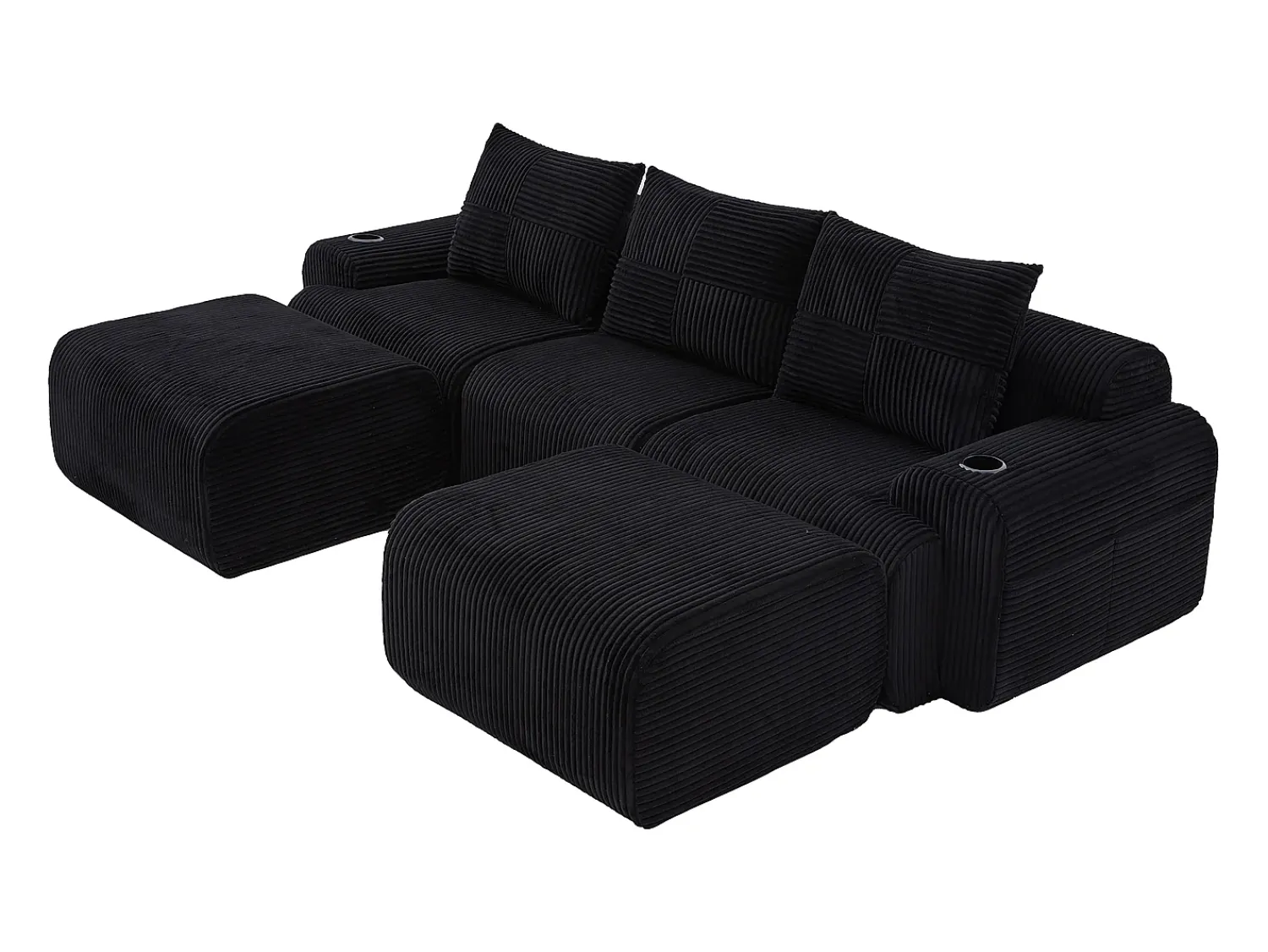 Sofá*DripeX Sofá de canto modular veludo canelado, porta-copos, 2 pufes e 3 almofadas, 268x174x80cm, Preto
