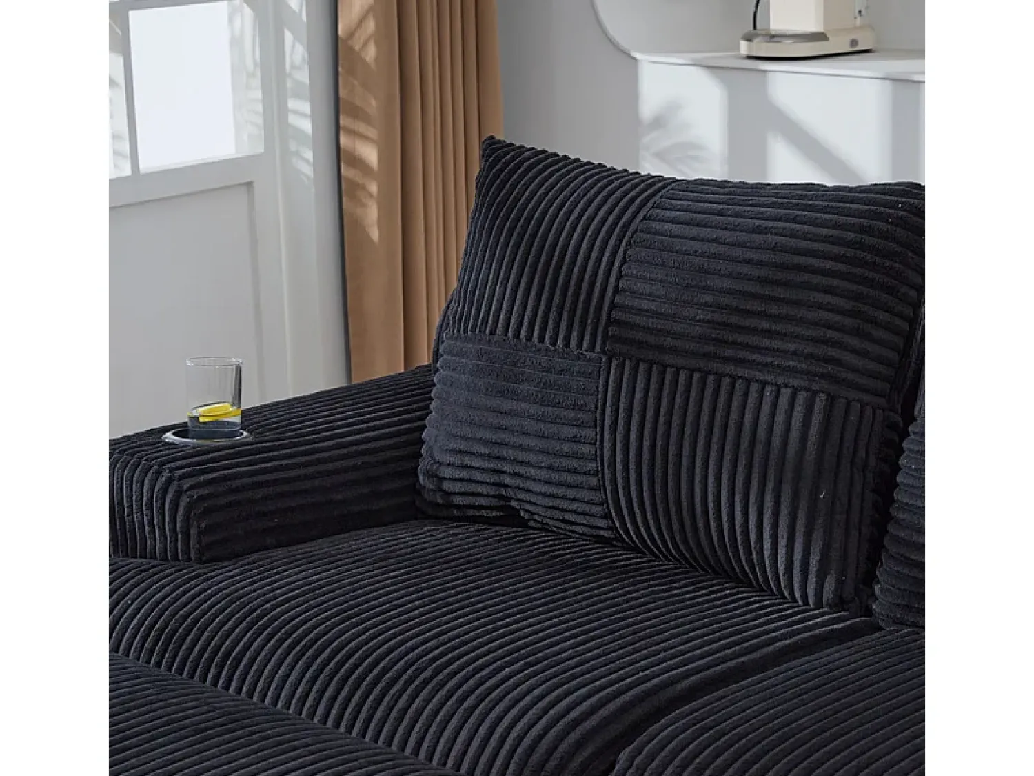 Sofá*DripeX Sofá de canto modular veludo canelado, porta-copos, 2 pufes e 3 almofadas, 268x174x80cm, Preto