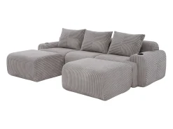 DripeX Sofá de canto modular veludo canelado, porta-copos, 2 pufes e 3 almofadas, 268x174x80cm, Cinzento claro