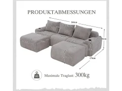 DripeX Sofá de canto modular veludo canelado, porta-copos, 2 pufes e 3 almofadas, 268x174x80cm, Cinzento claro