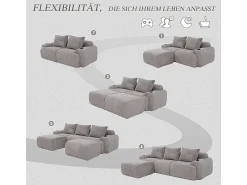 DripeX Sofá de canto modular veludo canelado, porta-copos, 2 pufes e 3 almofadas, 268x174x80cm, Cinzento claro