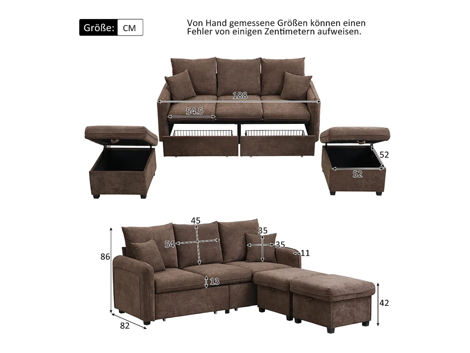 Sofá*ModernLuxe Sofá de canto multifuncional em U - 3 lugares - com função de armazenamento - com gavetas - marrom Castanho