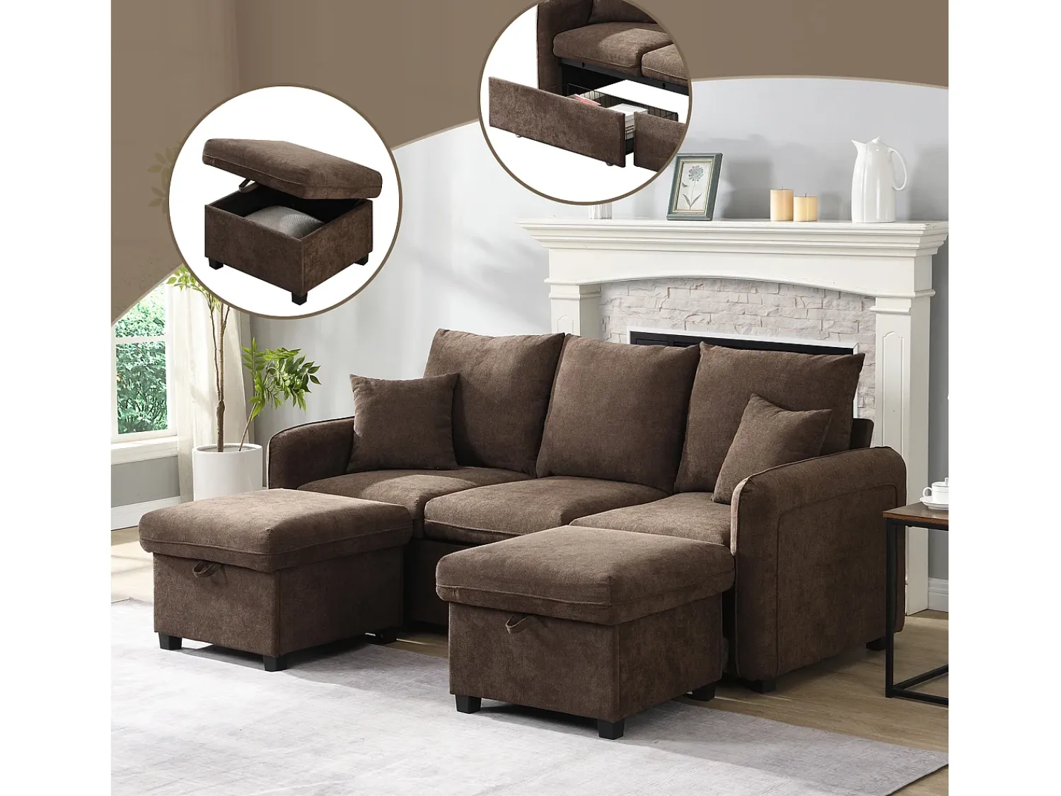 Sofá*ModernLuxe Sofá de canto multifuncional em U - 3 lugares - com função de armazenamento - com gavetas - marrom Castanho