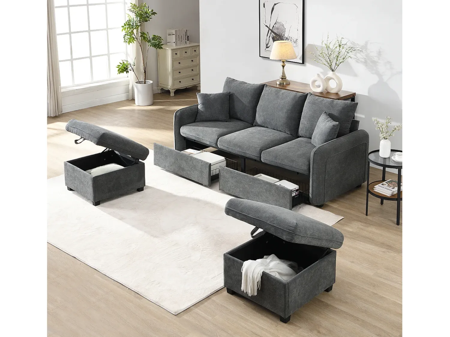 Sofá|ModernLuxe Sofá de canto multifuncional em U - 3 lugares - com função de armazenamento - com gavetas - cinza Cinzento