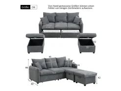 Sofá|ModernLuxe Sofá de canto multifuncional em U - 3 lugares - com função de armazenamento - com gavetas - cinza Cinzento
