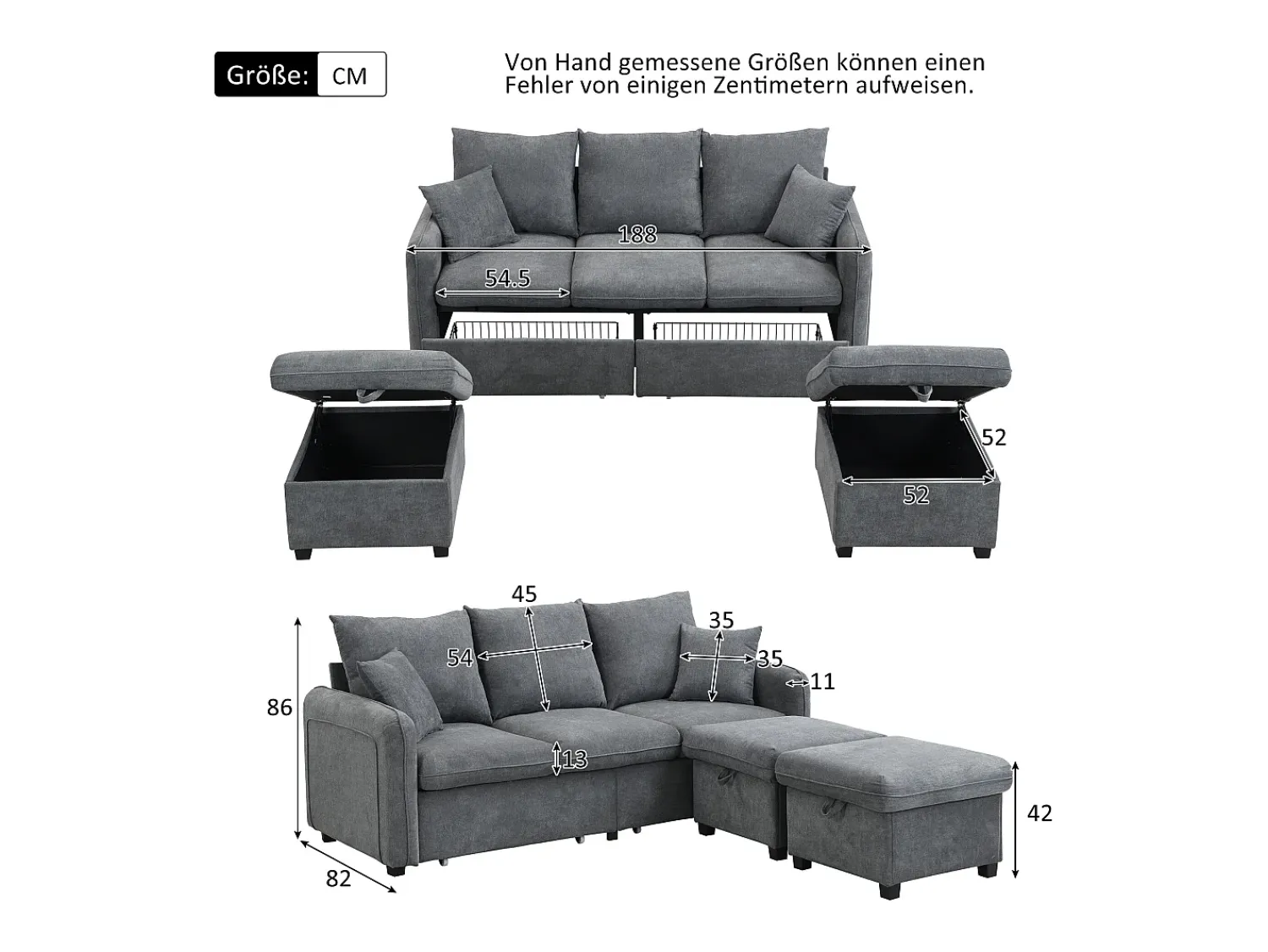 Sofá|ModernLuxe Sofá de canto multifuncional em U - 3 lugares - com função de armazenamento - com gavetas - cinza Cinzento