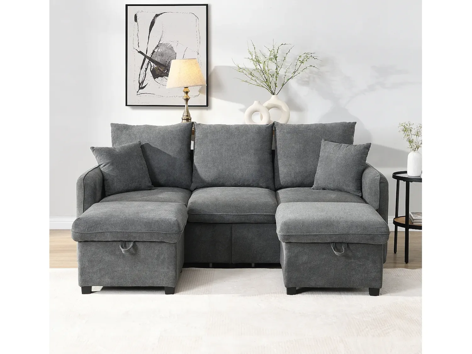 Sofá|ModernLuxe Sofá de canto multifuncional em U - 3 lugares - com função de armazenamento - com gavetas - cinza Cinzento