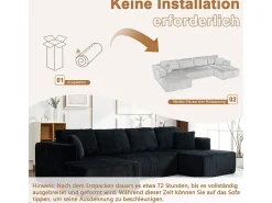 Best DripeX Sofá de canto panorâmico - Veludo canelado - 4 almofadas, 2 travesseiros, 2 chaises - 332x156x88cm Preto