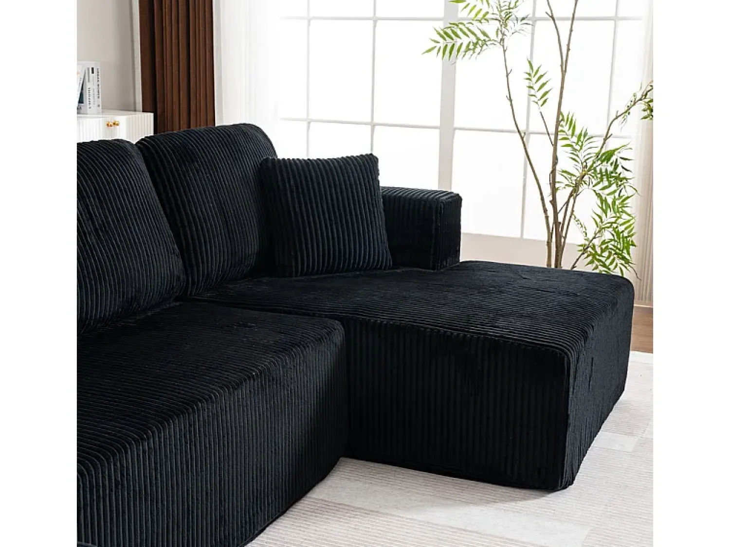 Best DripeX Sofá de canto panorâmico - Veludo canelado - 4 almofadas, 2 travesseiros, 2 chaises - 332x156x88cm Preto