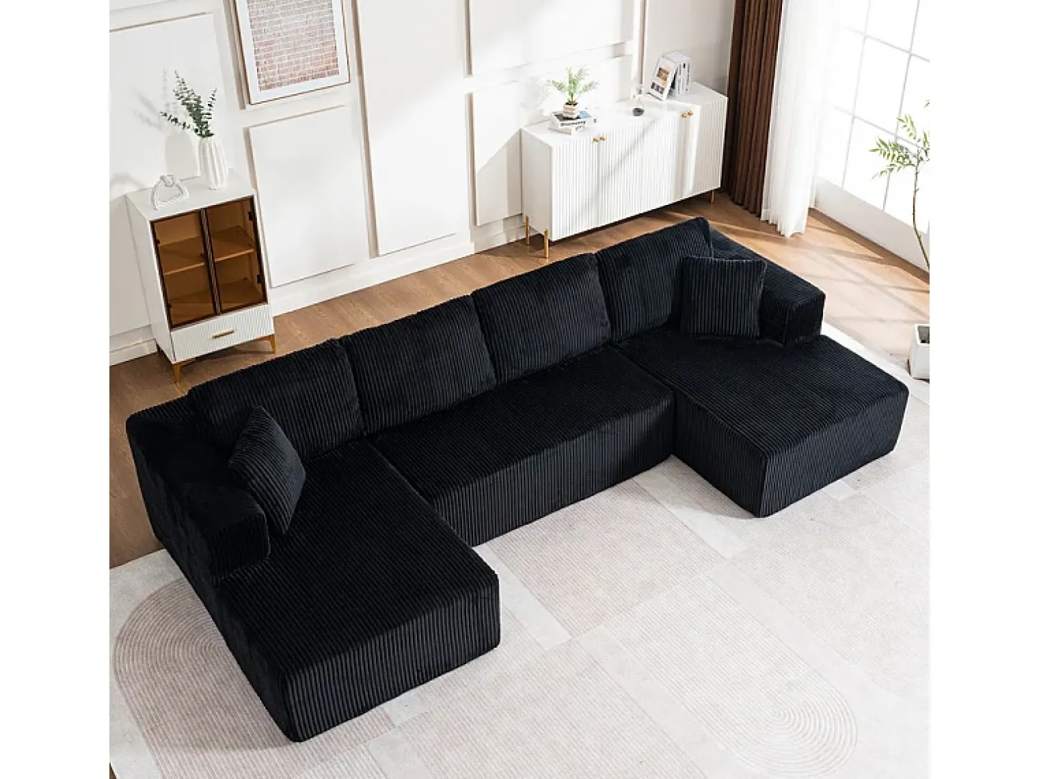 Best DripeX Sofá de canto panorâmico - Veludo canelado - 4 almofadas, 2 travesseiros, 2 chaises - 332x156x88cm Preto