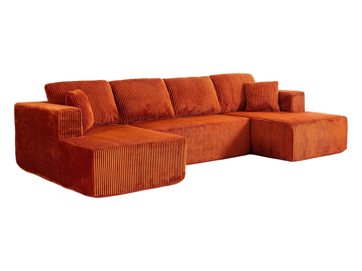 DripeX Sofá de canto panorâmico - Veludo canelado Laranja - 4 almofadas, 2 travesseiros, 2 chaises - 332x156x88cm^ Sofá