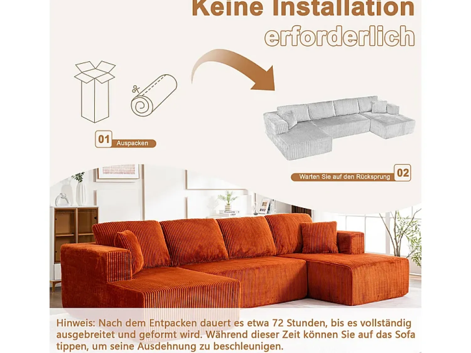 DripeX Sofá de canto panorâmico - Veludo canelado Laranja - 4 almofadas, 2 travesseiros, 2 chaises - 332x156x88cm^ Sofá