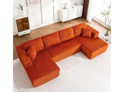 DripeX Sofá de canto panorâmico - Veludo canelado Laranja - 4 almofadas, 2 travesseiros, 2 chaises - 332x156x88cm^ Sofá
