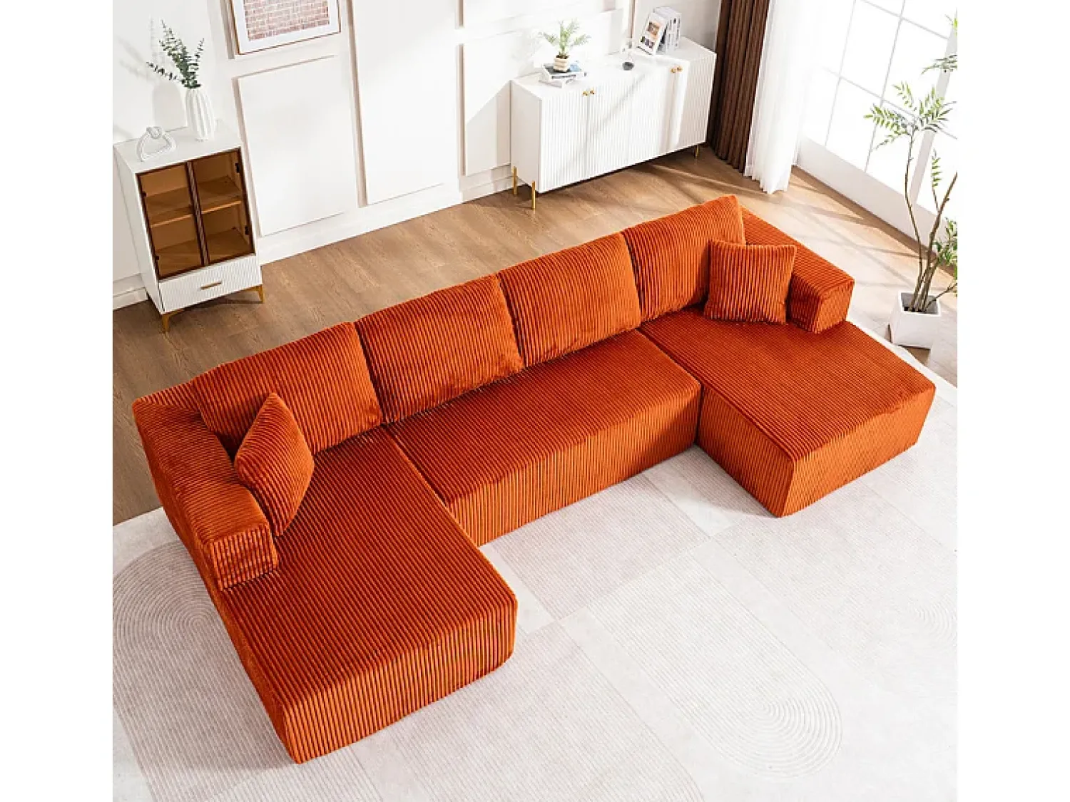 DripeX Sofá de canto panorâmico - Veludo canelado Laranja - 4 almofadas, 2 travesseiros, 2 chaises - 332x156x88cm^ Sofá