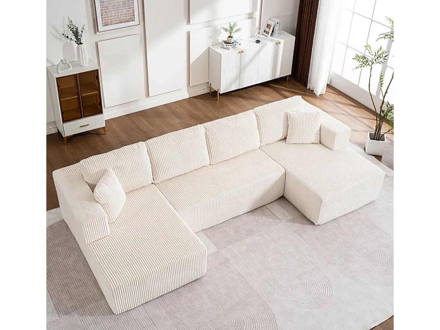 DripeX Sofá de canto panorâmico - Veludo canelado - 4 almofadas, 2 travesseiros, 2 chaises - 332x156x88cm^ Sofá
